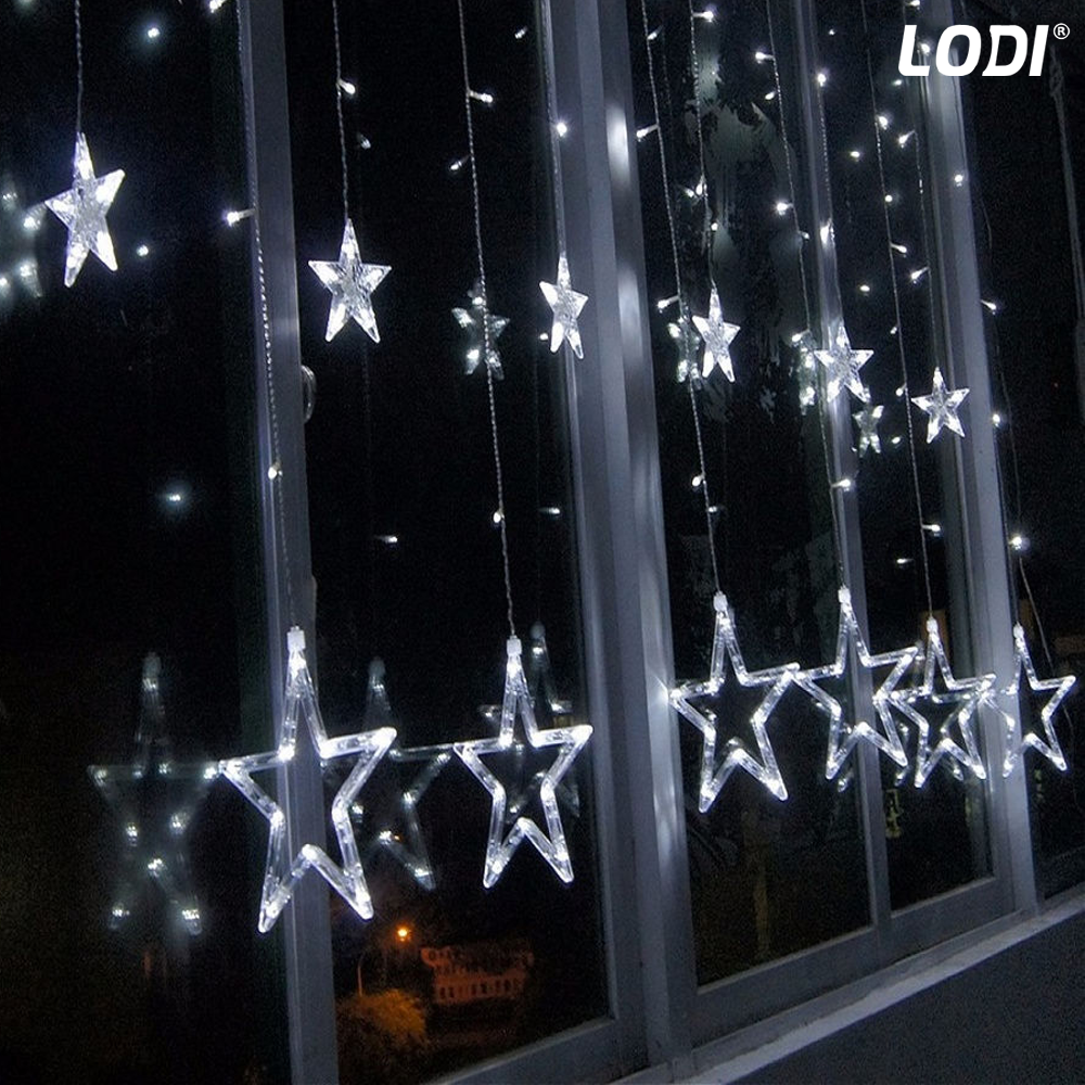Instalatie de Craciun Tip Perdea Lodi1447, 3x3 m, model stelute, 8 jocuri de lumini, alimentare la priza, fir transparent, interior/exterior, rezistenta la apa, 12 figurine, alb rece