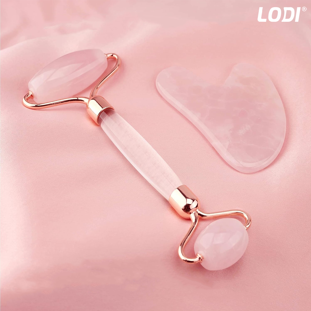 Set 3 Accesorii pentru Masaj Facial Lodi655, cu aparat face roller, piatra gua sha, pensula pentru aplicarea cosmeticelor, rezultate vizibile, piatra naturala din quartz roz