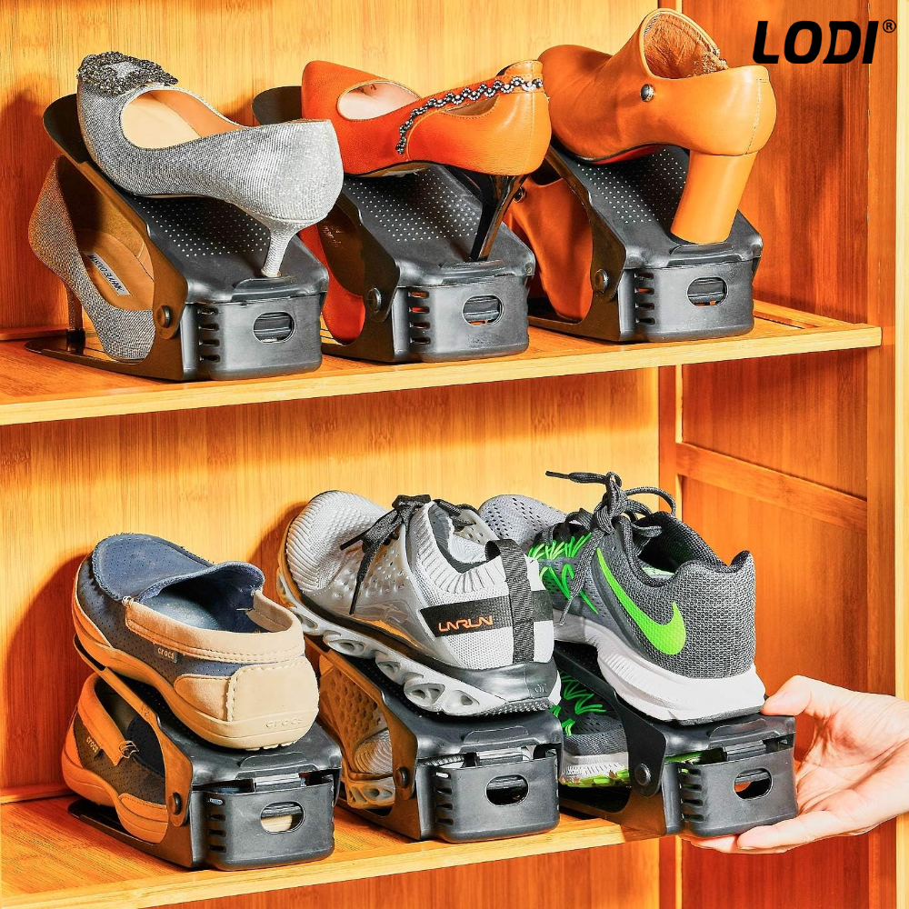 Set 10 Organizatoare Incaltaminte Lodi45, 3 niveluri de reglare pe inaltime, suport pantofi, economisire spatiu, materiale calitative, universale, negru