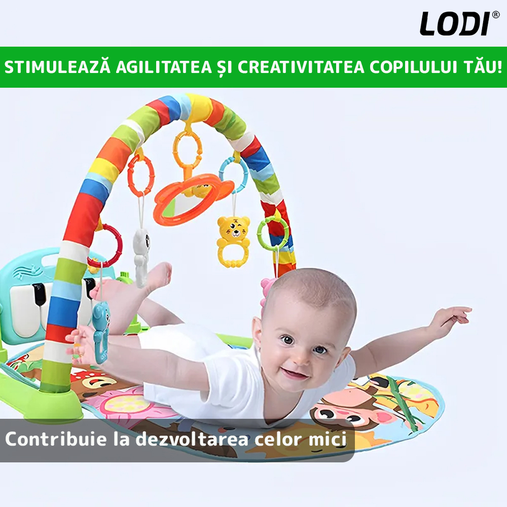 Centru de Activitati si Joaca Lodi415, saltea interactiva pentru copii cu sunete, multifunctional, pian si oglinda detasabile, jucarii zornaitoare, 4 moduri interactive si educative, verde