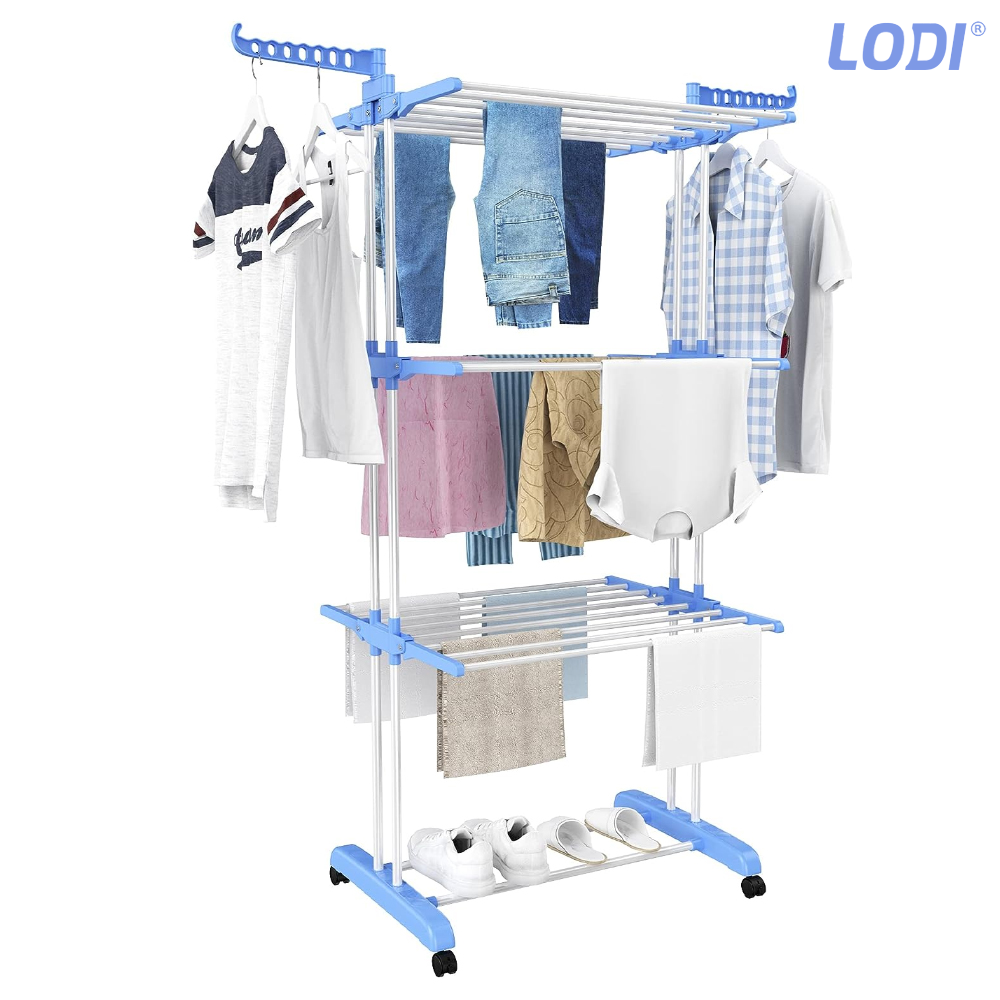 Uscator Vertical pentru Rufe si Haine Lodi290, 3 niveluri, mobil, pliabil, pentru spatii mici, suport umerase, cadru rezistent, inaltime 175cm, albastru