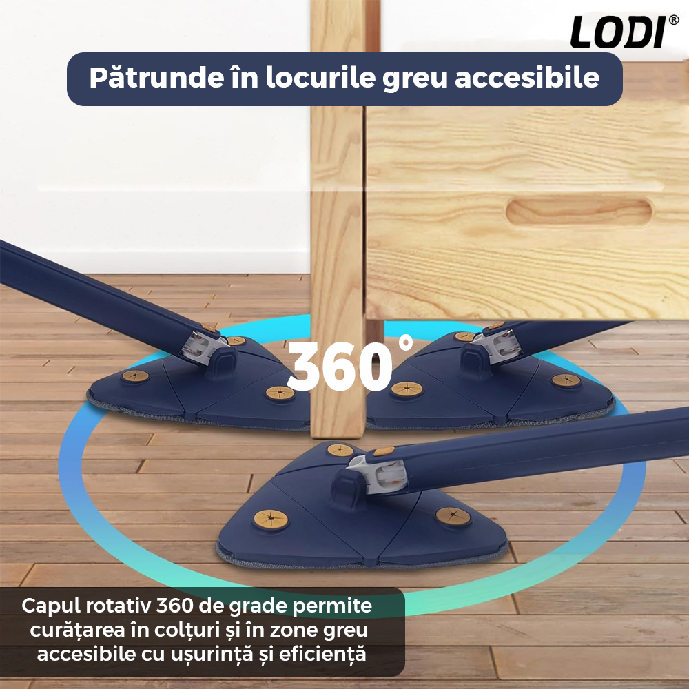 Mop cu Cap Triunghiular Lodi321, rotire 360 grade, telescopic, curatare usoara, 4 lavete incluse, 127 cm, albastru/galben