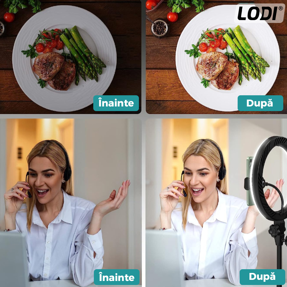 Lampa Circulara Ring Light Lodi207, Diametru 45cm/18 Inch, 3 moduri de lumina, 10 trepte reglaj, telecomanda si trepied 210 cm incluse, suport triplu telefon, compatibilitate universala, alb