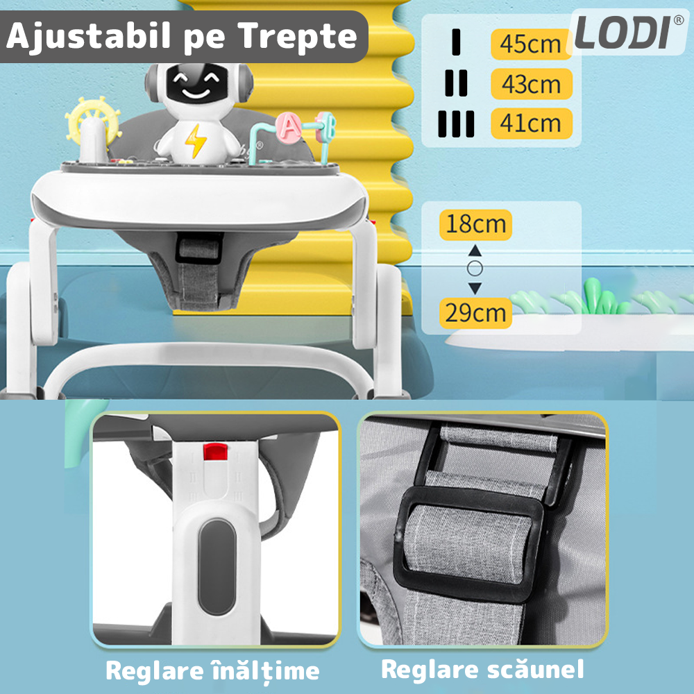 Premergator Multifunctional pentru Bebelusi Lodi516, tava cu 3 jucarii, muzica, reglabil, pliabil, greutate max 20kg, 6-36 luni, gri