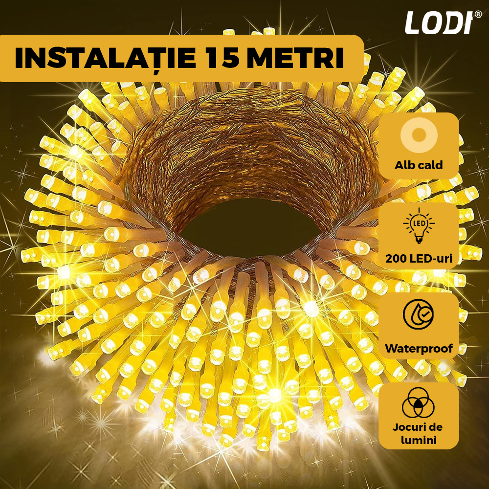 Instalatie de Craciun Liniara Lodi1457, 15 m, 8 jocuri de lumini, alimentare la priza, fir transparent, interior/exterior, rezistenta la apa, 200 LED-uri, alb cald