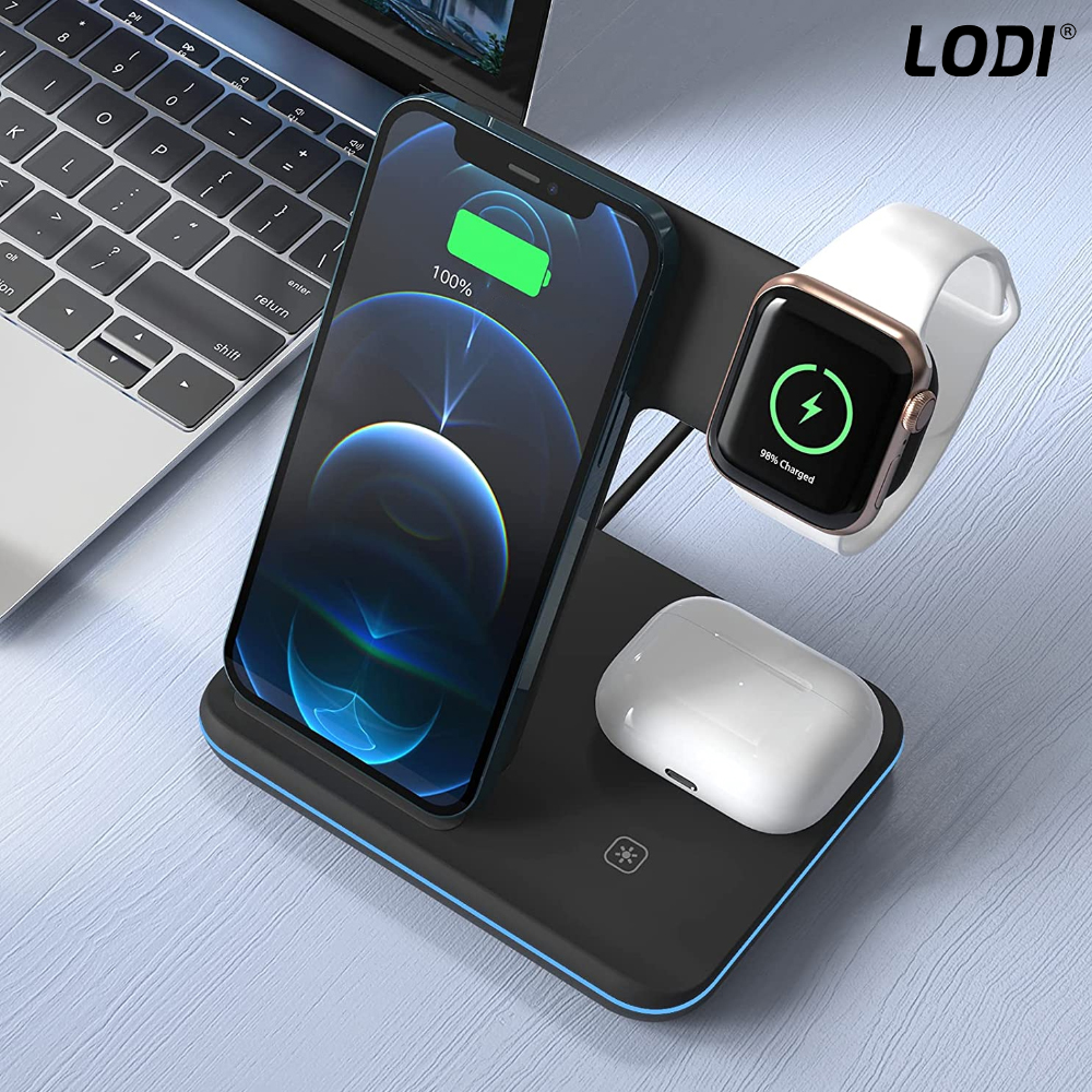 Incarcator Wireless Lodi9, Statie de Incarcare 3in1, LED indicator inteligent, Fast Charge, incarcare rapida, compatibilitate universala, negru