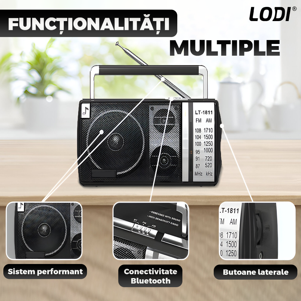 Radio Portabil Lodi1263, FM/AM, mod dual de alimentare, baterii/la priza, receptie ridicata ce prinde posturi regionale/la sate, port jack 3.5 mm, negru
