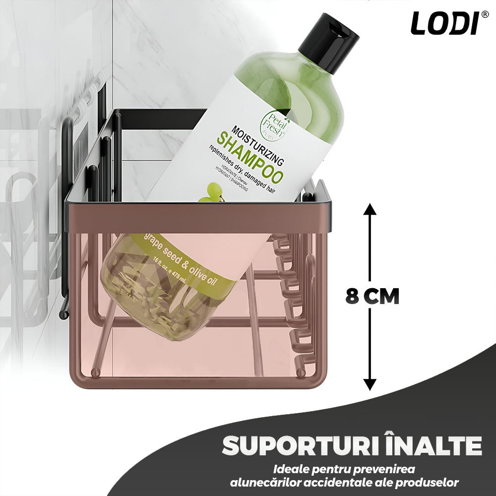 Set 2 Rafturi pentru Dus Lodi1265, depozitare si organizare, baie/bucatarie, otel inoxidabil, montare adeziva, rezistenta ridicata, cuiere incorporate, suporturi inalte, negru
