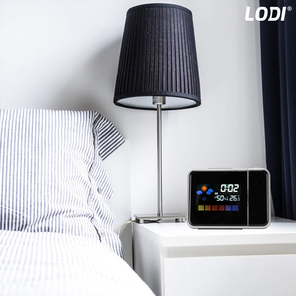 Ceas cu Proiector Multifunctional Lodi1499, statie meteo, higrometru, wireless, afisaj digital, proiector rotativ la 180°, predictie vreme 12 ore, 15 x 11 x 2.5 cm, negru