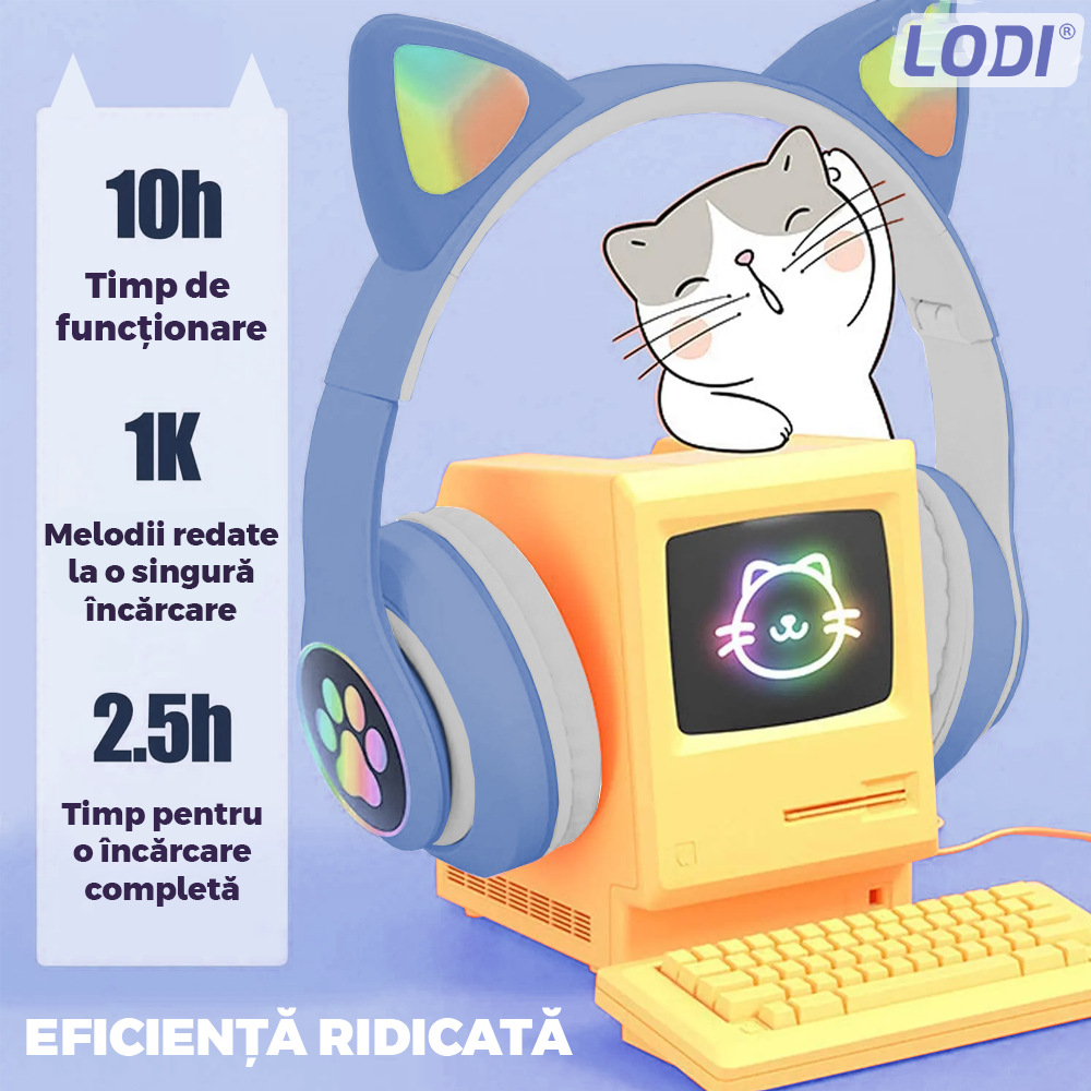 Casti Wireless Model Pisica Lodi946, STN-28, overear, urechi de pisica cu iluminare RGB, bluetooth 5.0, handsfree, HiFi, bass stereo, albastru