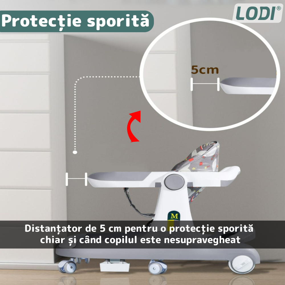 Premergator Multifunctional pentru Bebelusi Lodi1100, tava cu 3 jucarii, pisica, muzica, reglabil, pliabil, greutate max 20kg, 6-36 luni, gri