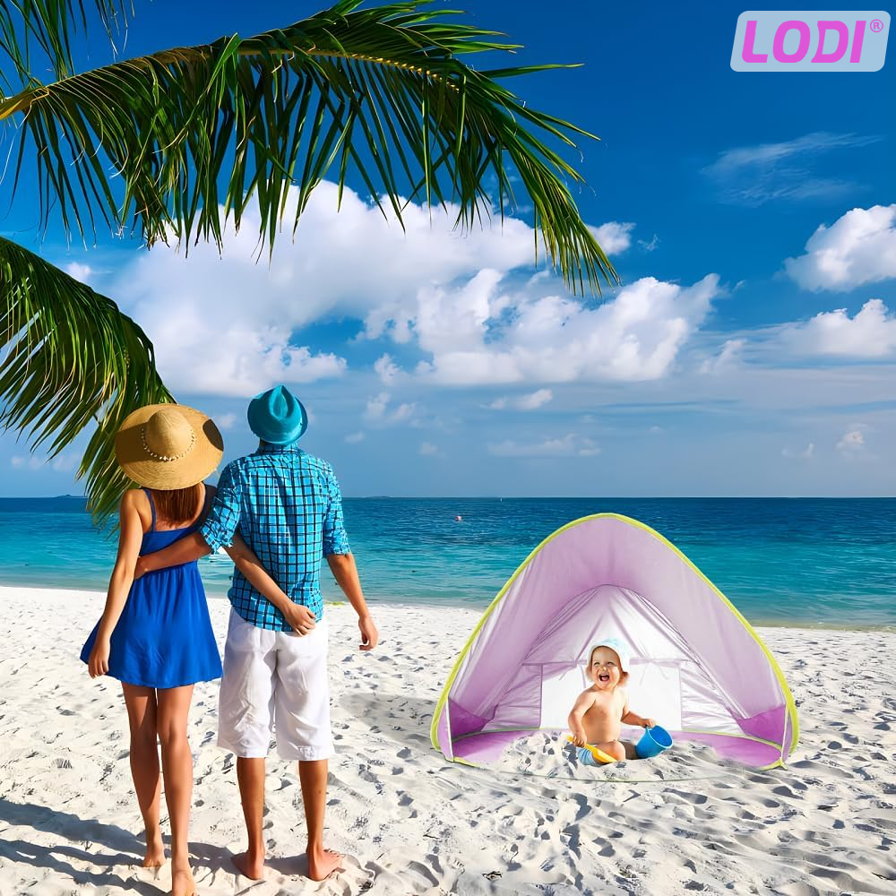 Cort Portabil de Vara pentru Bebelusi Lodi1098, adapost impermeabil pentru plaja, cu piscina, protectie UV si UPF 50+, multifunctional, 117x79x70 cm, roz