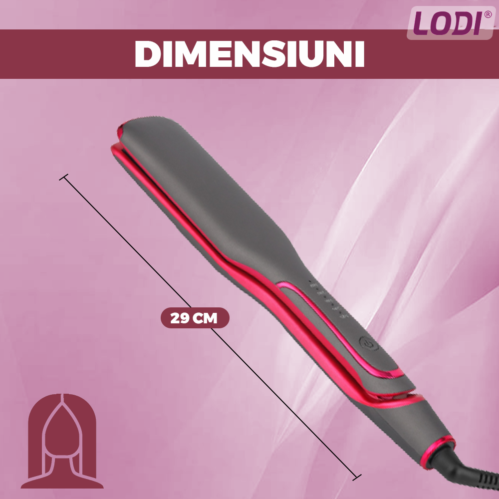 Placa profesionala de indreptat parul Lodi455, invelis ceramic, 5 trepte de temperatura, easy lock, setarea temperaturii, 230°, roz