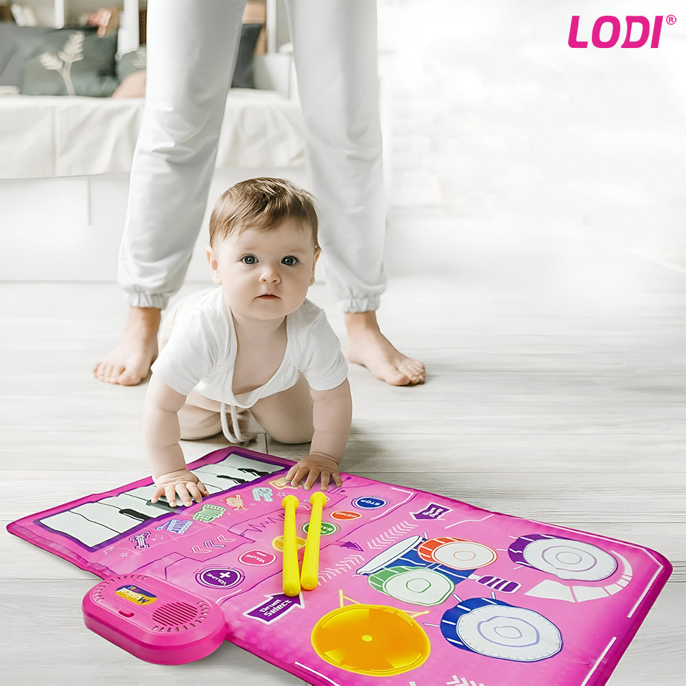 Covoras Muzical Interactiv pentru Copii Lodi1270, pian cu 8 clape, tobe, 5 instrumente muzicale incluse, acordeon, xilofon, chitara, vioara, trompeta, educational, usor de curatat, pliabil, roz