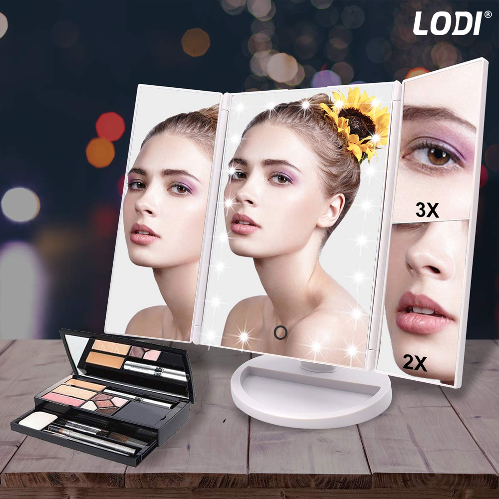 Oglinda Cosmetica pentru Machiaj Lodi1455, 4 moduri de marire, 22 becuri LED, control tactil, pliabila, rotativa la 180 de grade, alimentare pe baterii sau USB, suport de machiaje, alb