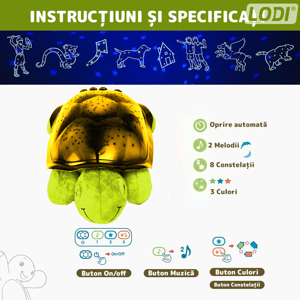 Lampa de Veghe Testoasa Lodi1431, proiector de lumini, 8 constelatii, lumina RBG, 2 cantece de adormit copiii, pufoasa si moale, mod inchidere automata, verde/galben