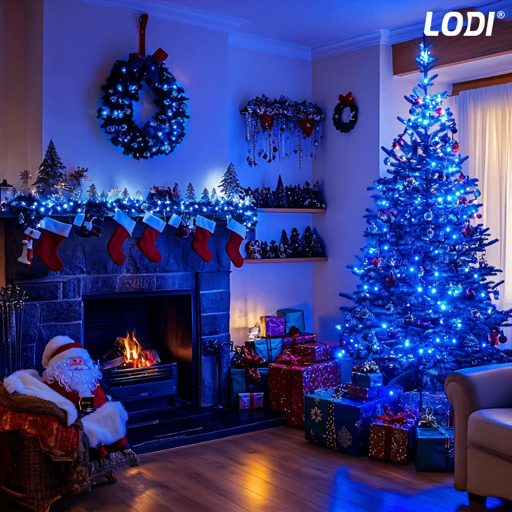 Instalatie de Craciun Liniara Lodi1438, 240 LED-uri, 8 jocuri de lumini, alimentare la priza, interior/exterior, rezistenta la apa, 50 m, albastru