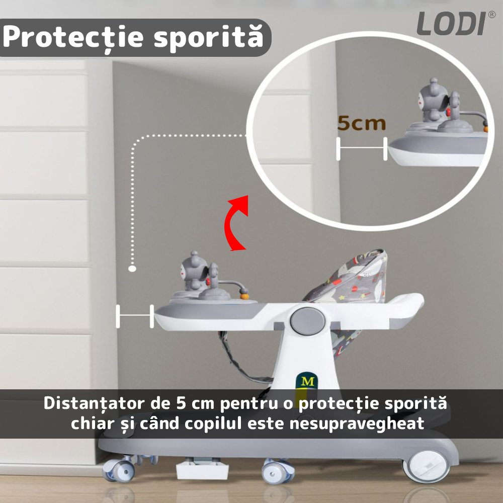 Premergator Multifunctional pentru Bebelusi Lodi637, tava cu 3 jucarii, muzica, reglabil, pliabil, greutate max 20kg, 6-36 luni, gri deschis