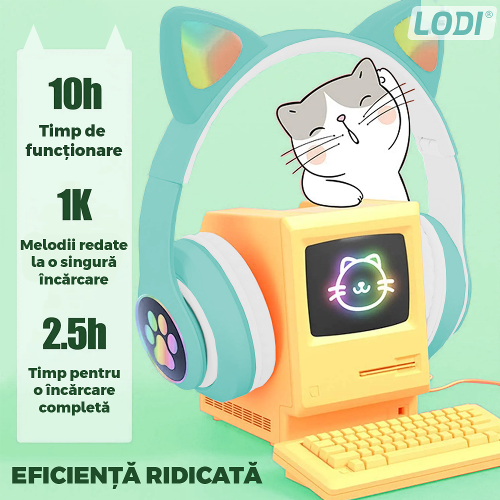 Casti Wireless Model Pisica Lodi948, STN-28, overear, urechi de pisica cu iluminare RGB, bluetooth 5.0, handsfree, HiFi, bass stereo, turcoaz