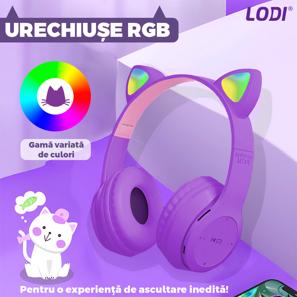 Casti Wireless Model Pisica Lodi952, P47M, overear, urechi de pisica cu iluminare RGB, bluetooth 5.0, handsfree, HiFi, bass stereo, mov