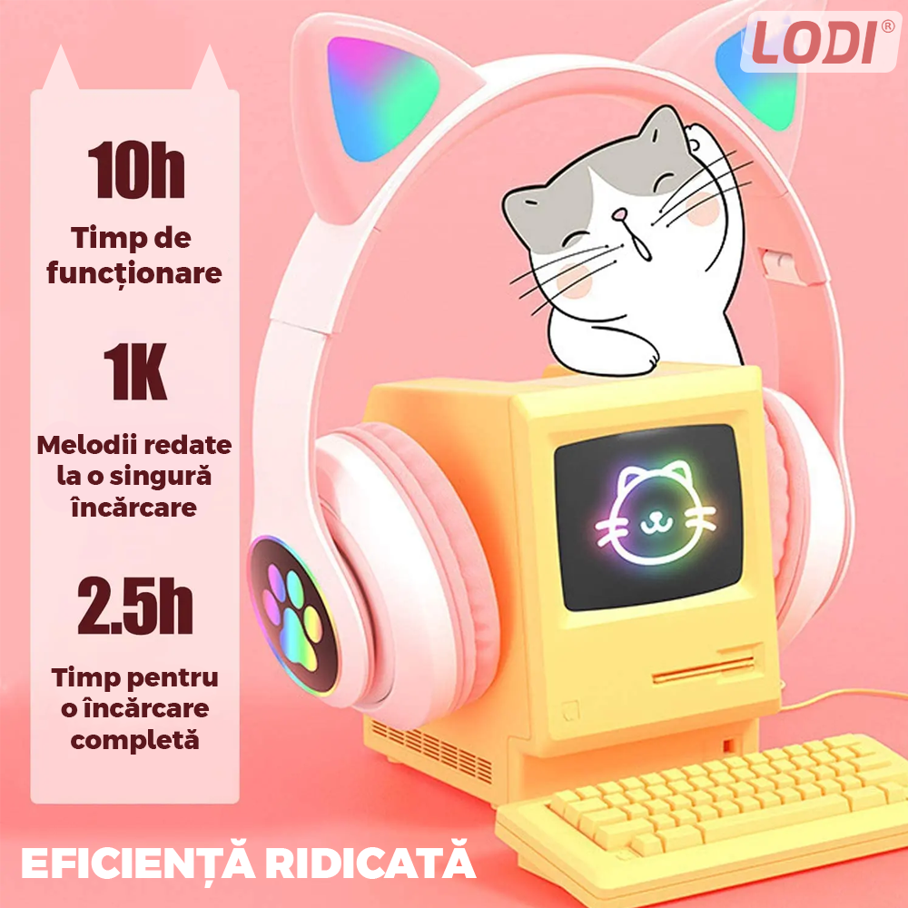 Casti Wireless Model Pisica Lodi945, STN-28, overear, urechi de pisica cu iluminare RGB, bluetooth 5.0, handsfree, HiFi, bass stereo, roz