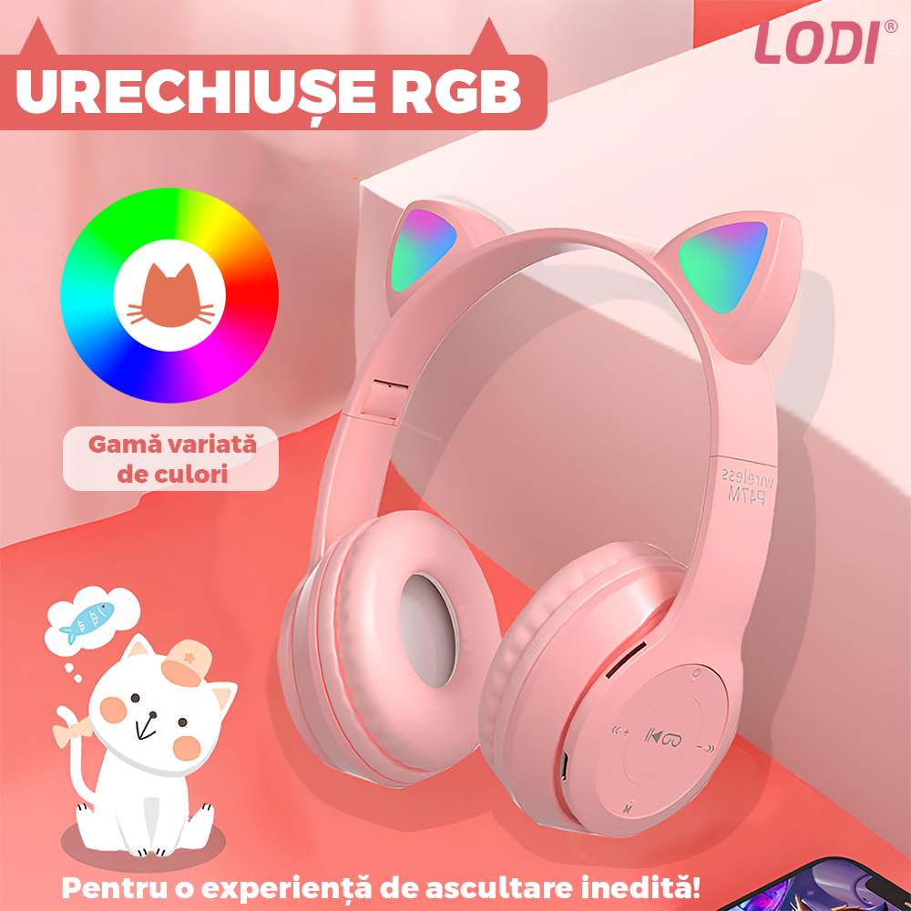 Casti Wireless Model Pisica Lodi951, P47M, overear, urechi de pisica cu iluminare RGB, bluetooth 5.0, handsfree, HiFi, bass stereo, roz