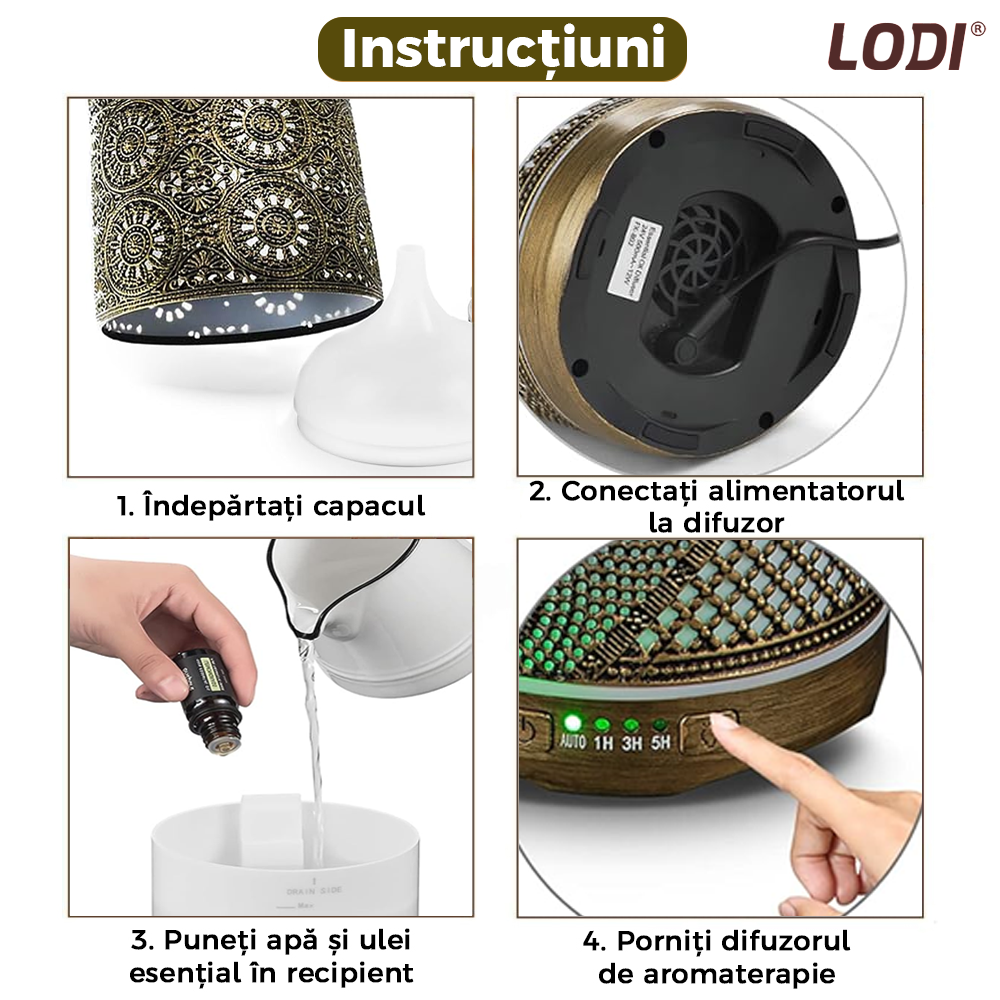 Difuzor Aromaterapie Lodi605, din metal, design vintage, 7 culori LED, 2 jocuri de lumini, capacitate 250ml, silentios, umidifica aerul, bronz