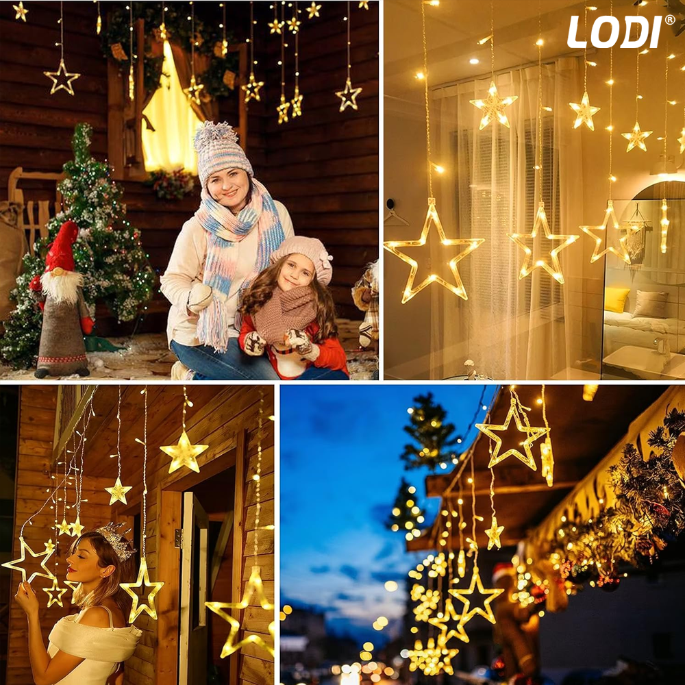 Instalatie de Craciun Tip Perdea Lodi1444, 3x3 m, model stelute, 8 jocuri de lumini, alimentare la priza, fir transparent, interior/exterior, rezistenta la apa, 12 figurine, alb cald