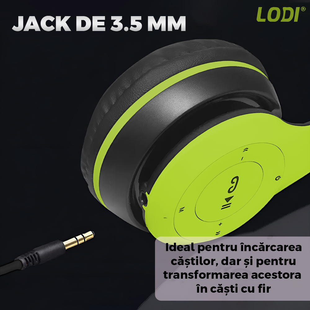 Casti Wireless Lodi957, P47, overear, bluetooth 5.0, 3 porturi integrate, handsfree, HiFi, bass stereo, gri/lime