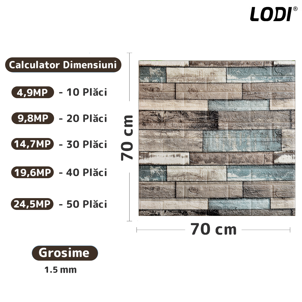 Set 10x Tapet Caramida 3D Lodi1091, Model Lemn, suprafata acoperire 4.9 mp, autoadeziv, waterproof, usor de montat, design modern, 70x70 cm, maro verde