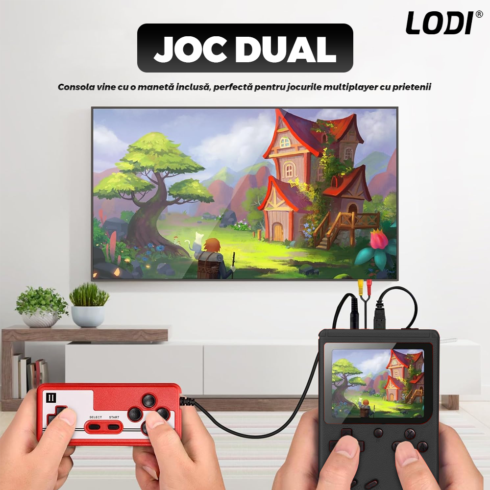 Mini Consola Jocuri Retro Game Box Lodi1502, SR-90, 400 in 1, maneta 2nd player inclusa, rotita volum, portabila, cablu AV, incarcare USB-MINI, autonomie ridicata, 11x8 cm, alb