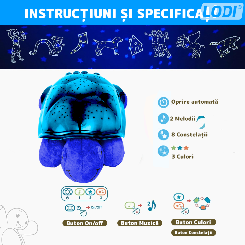 Lampa de Veghe Testoasa Lodi1430, proiector de lumini, 8 constelatii, lumina RBG, 2 cantece de adormit copiii, pufoasa si moale, mod inchidere automata, albastru
