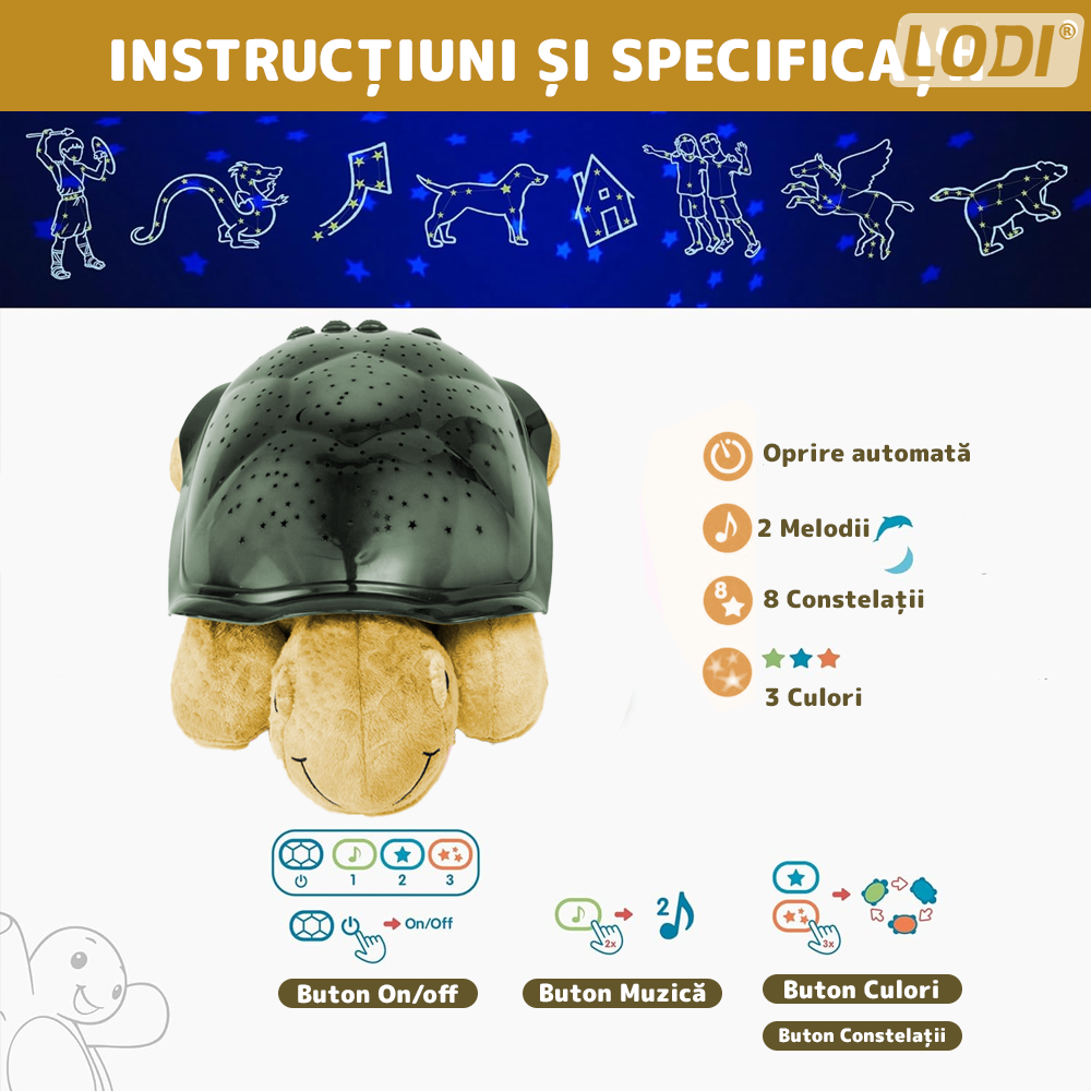 Lampa de Veghe Testoasa Lodi1424, proiector de lumini, 8 constelatii, lumina RBG, 2 cantece de adormit copiii, pufoasa si moale, mod inchidere automata, galben/verde