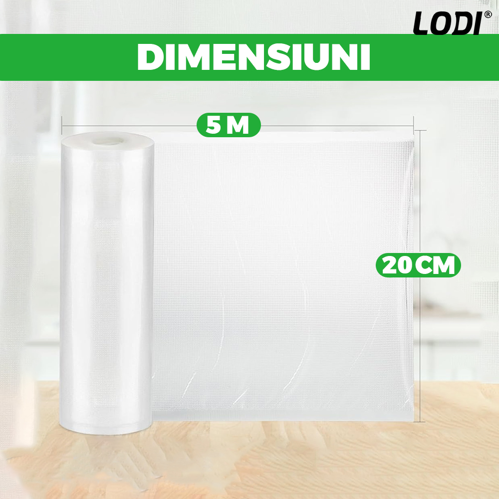 Set de Role Folii pentru Vidat Universale Lodi, 5m x 20cm, compatibile cu orice aparat de vidat, gofrate, reutilizabile, rezistente la caldura, transparente
