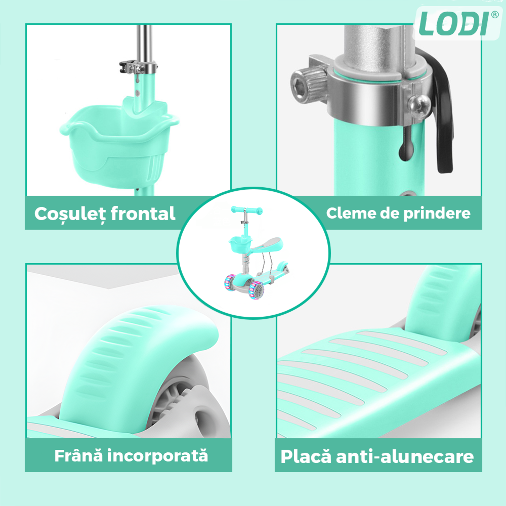 Trotineta pentru Copii 2 in 1 Lodi1111, scaunel incorporat, lumini,3 roti, cosulet frontal, anti-aluncare, inaltime ajustabila, stabila, frana, incorporata, 3-11 ani, turcoaz