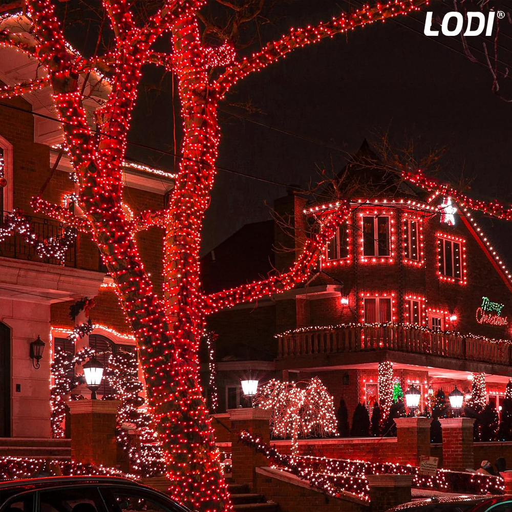 Instalatie de Craciun Liniara Lodi1437, 240 LED-uri, 8 jocuri de lumini, alimentare la priza, interior/exterior, rezistenta la apa, 50 m, rosu