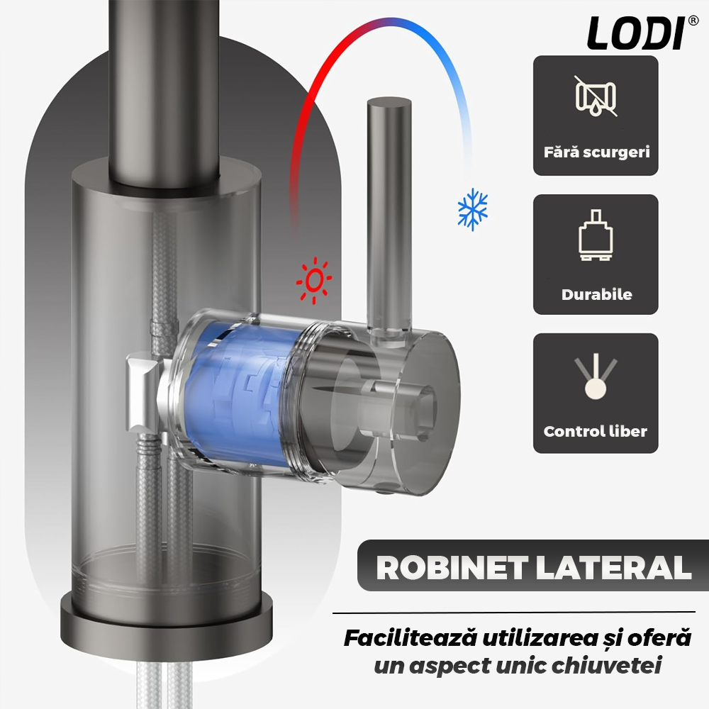 Chiuveta Multifunctionala pentru Bucatarie Lodi1218, materiale premium, baterie extensibila cu furtun de 60 de cm, rotire 360°, dozator de sapun inclus, scurgator de vase detasabil, adanca, usor de montat, negru mat