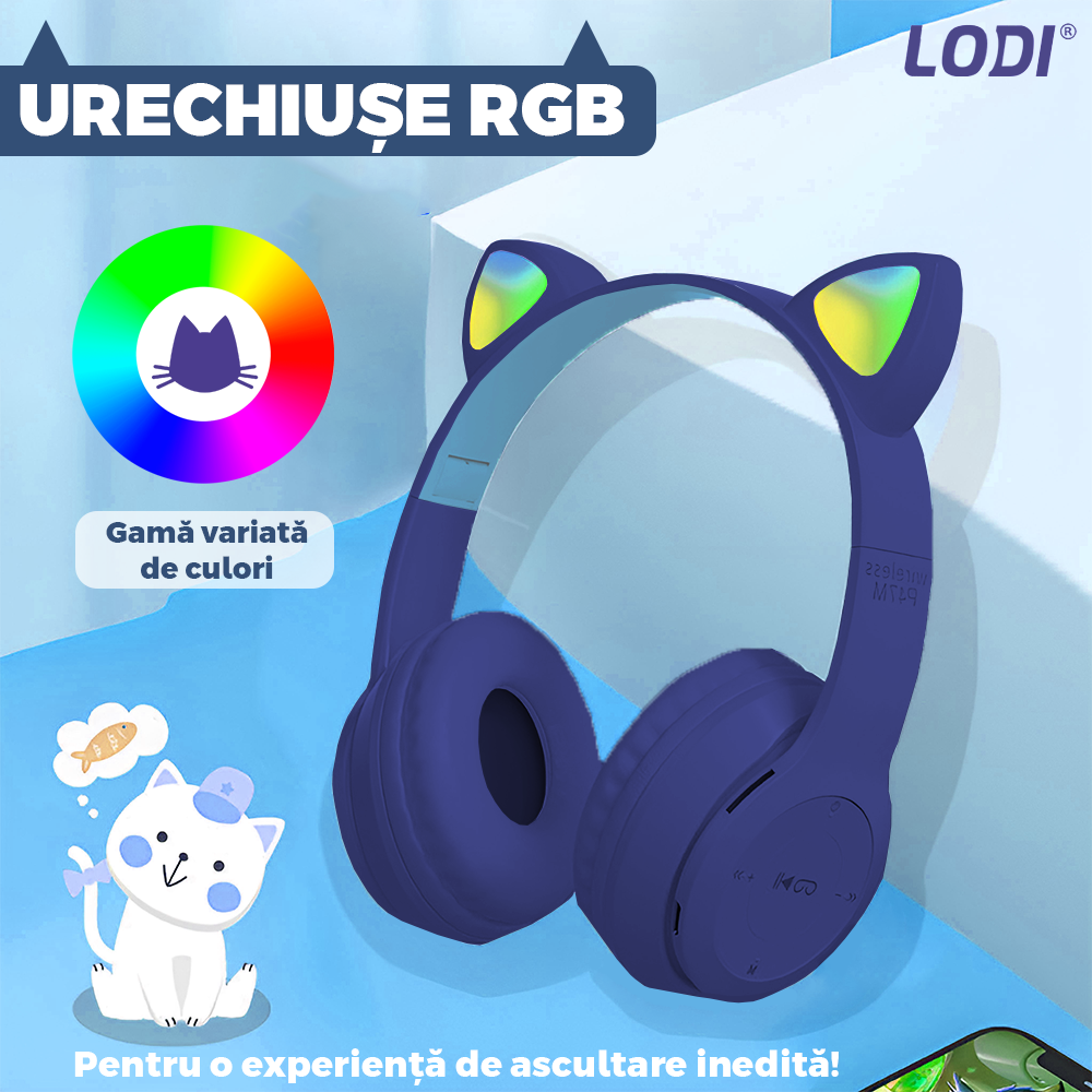 Casti Wireless Model Pisica Lodi954, P47M, overear, urechi de pisica cu iluminare RGB, bluetooth 5.0, handsfree, HiFi, bass stereo, albastru inchis