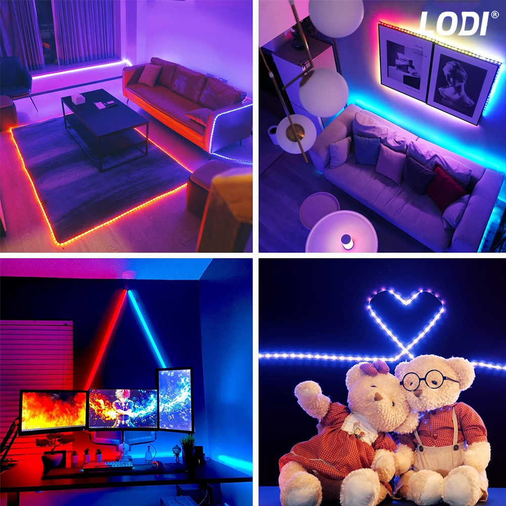 Kit Banda LED RGB Lodi453, inteligenta cu intensitate de lumina si culori reglabile, control prin telecomanda cu 44 taste, 5050RGB, utilizare exterior IP20, 5 m, multicolora