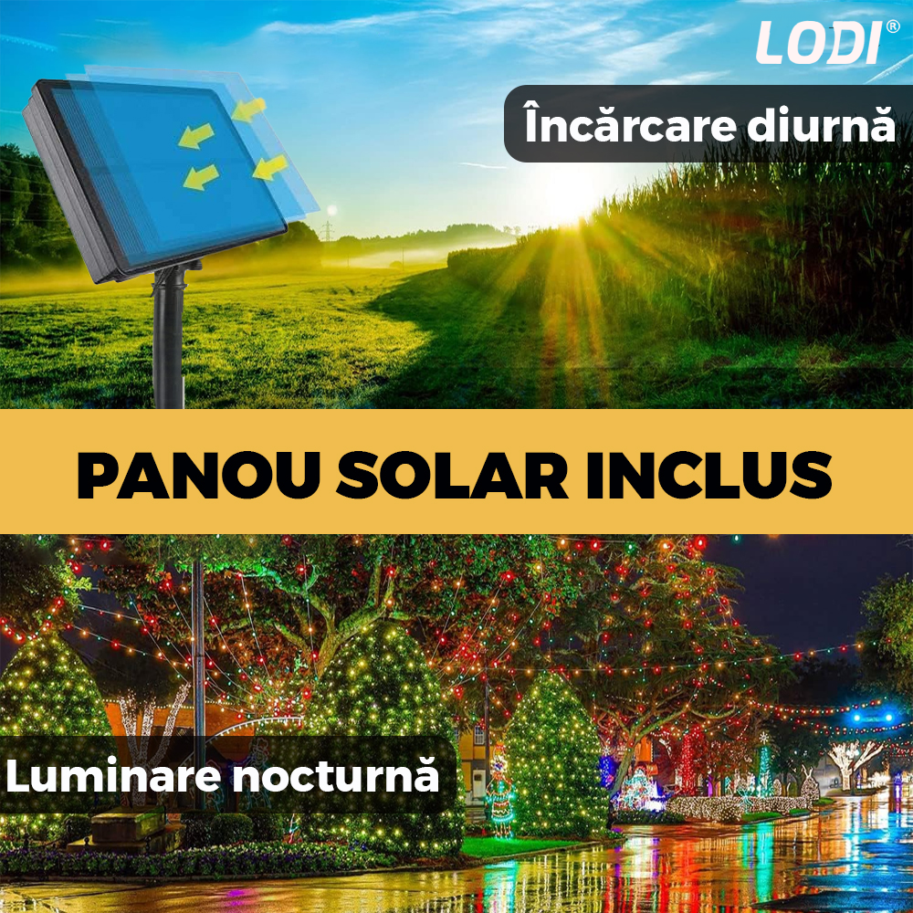 Instalatie de Craciun Liniara cu Panou Solar Lodi1458, 20 m, 8 jocuri de lumini, alimentare la priza, fir verde, interior/exterior, rezistenta la apa, 200 LED-uri, alb cald