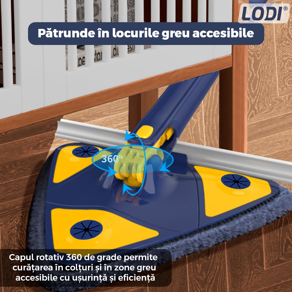 Mop cu Cap Triunghiular Lodi1146, rotire 360 grade, telescopic, curatare usoara, 127 cm, albastru/galben deschis