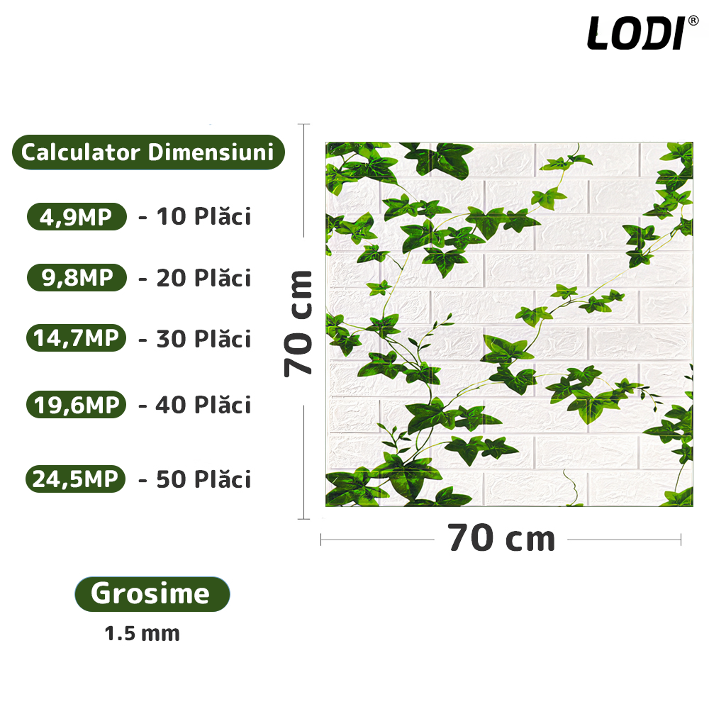 Set 10x Tapet Caramida 3D Lodi1090, model Iedera, suprafata acoperire 4.9 mp, autoadeziv, waterproof, usor de montat, design modern, 70x70 cm, alb