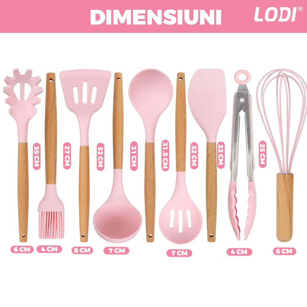 Set Ustensile Bucatarie 12 Piese Silicon Alimentar Lodi1496, termorezistente, antiaderente, sigure, suport inox, roz