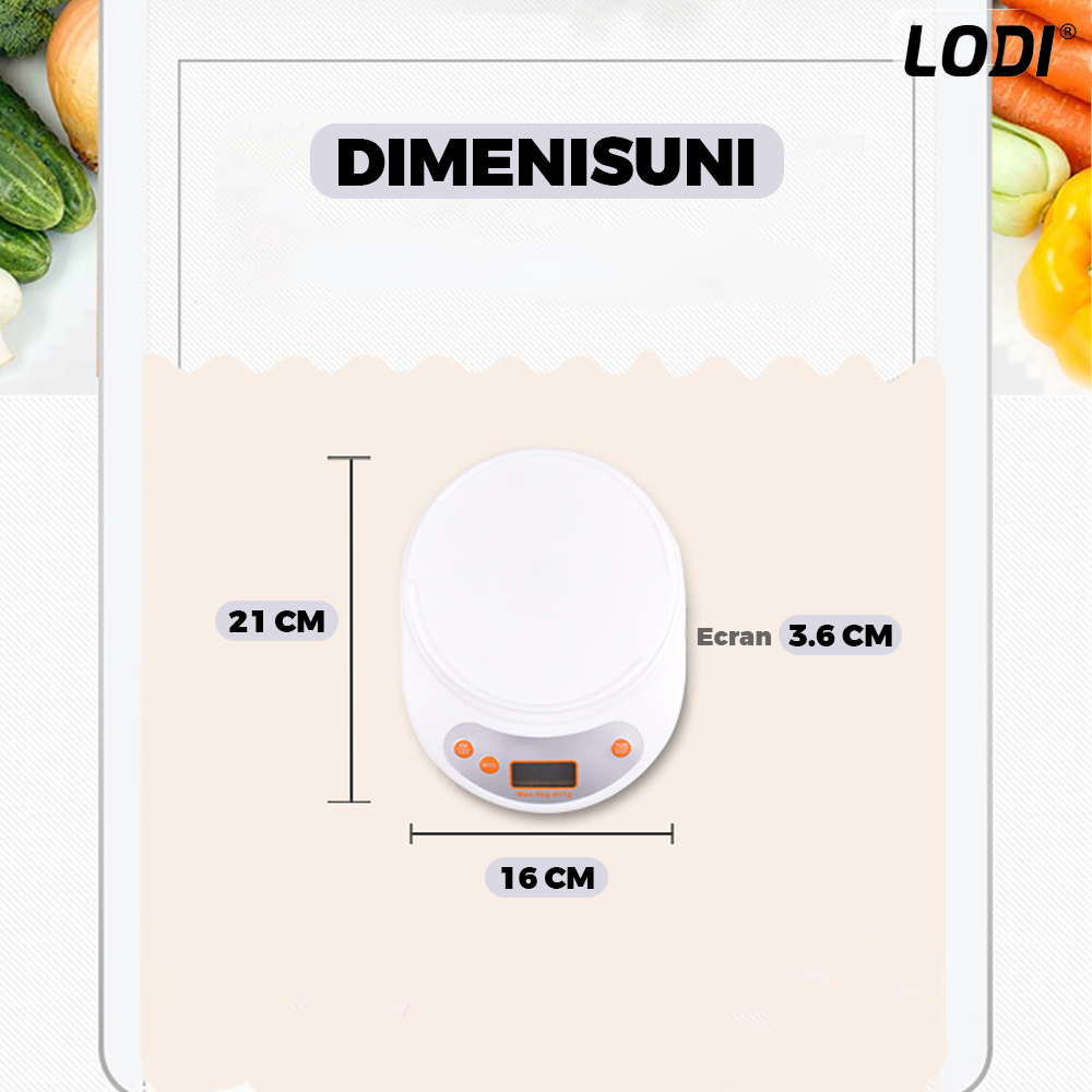 Cantar Electronic de Bucatarie Lodi646, bol inclus, capacitate maxima 5 kg, acuratete 1 g, afisaj digital, resetare la pornire, 3 unitati de masura, functionare cu baterii 2 x AA, alb