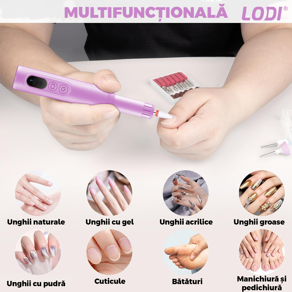 Pila Electrica Profesionala pentru Unghii Lodi1192, freza wireless, 18000 RPM, ecran LED, manichiura-pedichiura, 12 capete pentru pila, 36 benzi de slefurie, portabila, lila