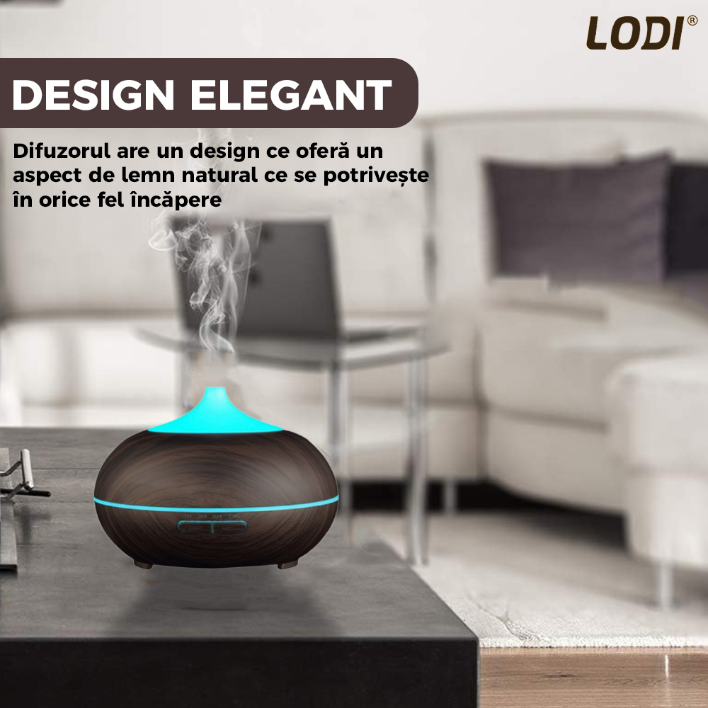 Difuzor Aromaterapie Lodi212, 7 culori LED, 2 jocuri de lumini, control prin telecomanda, capacitate 500ml, silentios, umidifica aerul, stejar inchis