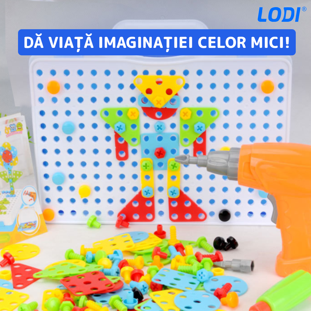 Jucarie Educativa si Interactiva 4in1 Lodi511, 151 piese, bormasina pentru inginerie, pentru fete si baieti, manual inclus, puzzle 3D/2D, dezvoltare STEM, montessori, multicolor