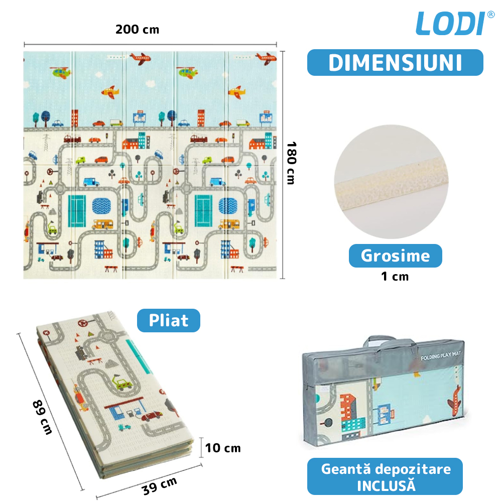 Covoras de Joaca pentru Copii Lodi287, 2 fete, termic, anti-derapant, pliabil, protectie impotriva loviturilor, oras si padure, 200x180cm, grosime 1 cm, multicolor