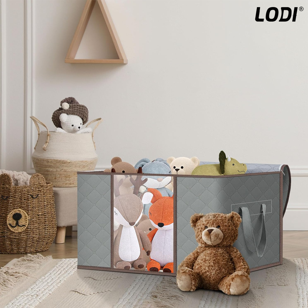 Set 3 Cutii pentru Depozitare si Organizare Lodi1054, 3 dimensiuni, pliabile, maner ranforsat si fereastra transparenta, pentru haine/paturi/ plapumi/ perne/ lenjerii de pat/jucarii, 60 L / 84 L / 105 L, gri deschis