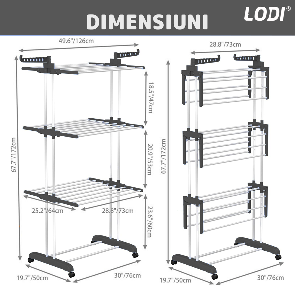 Uscator Vertical pentru Rufe si Haine Lodi1513, 3 niveluri, mobil, pliabil, pentru spatii mici, suport umerase, cadru rezistent, inaltime 175cm, negru